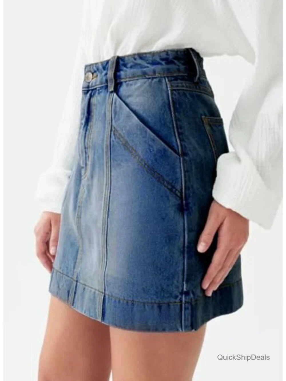 High Waisted Stretch Mini Denim Skirt with Pockets